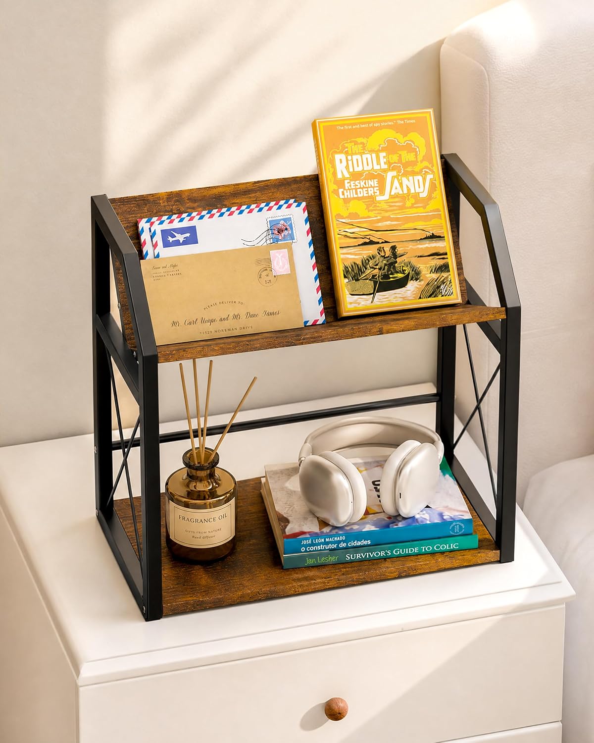 Office Desk Shelf Organizer, Wood Desktop Bookshelf Supplies Storage Rack, Shelf for Top of Desk and Dresser (Black-2 Tier)