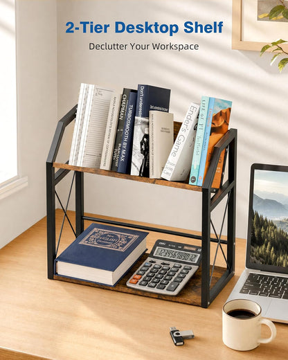 Office Desk Shelf Organizer, Wood Desktop Bookshelf Supplies Storage Rack, Shelf for Top of Desk and Dresser (Black-2 Tier)