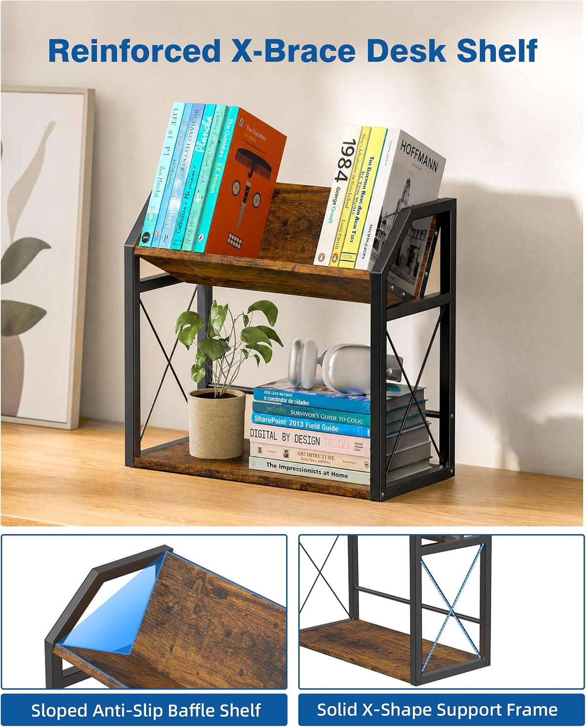Office Desk Shelf Organizer, Wood Desktop Bookshelf Supplies Storage Rack, Shelf for Top of Desk and Dresser (Black-2 Tier)