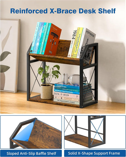 Office Desk Shelf Organizer, Wood Desktop Bookshelf Supplies Storage Rack, Shelf for Top of Desk and Dresser (Black-2 Tier)