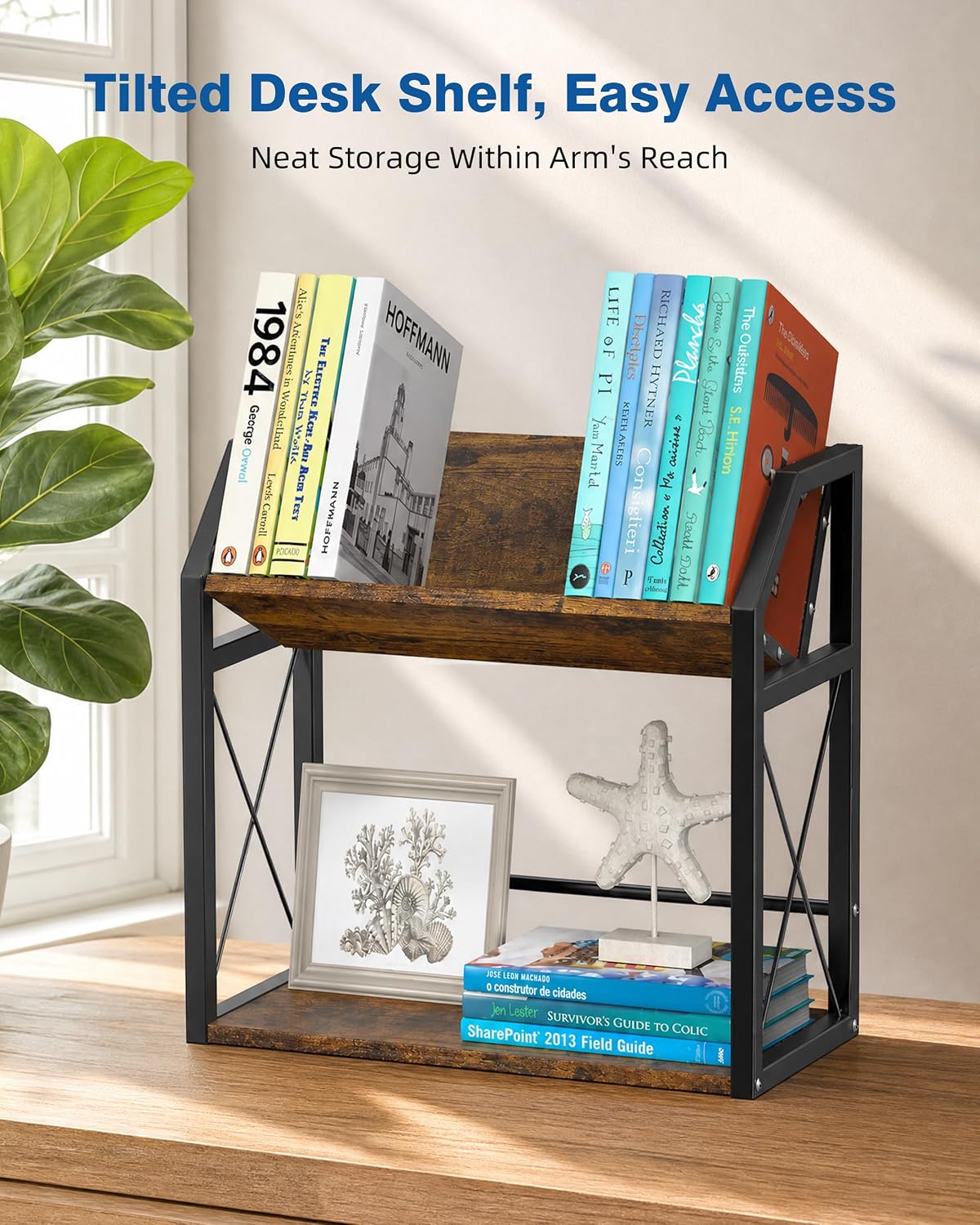 Office Desk Shelf Organizer, Wood Desktop Bookshelf Supplies Storage Rack, Shelf for Top of Desk and Dresser (Black-2 Tier)