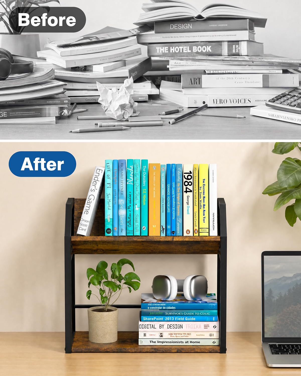 Office Desk Shelf Organizer, Wood Desktop Bookshelf Supplies Storage Rack, Shelf for Top of Desk and Dresser (Black-2 Tier)