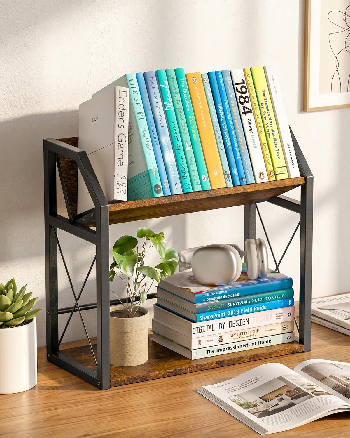 Office Desk Shelf Organizer, Wood Desktop Bookshelf Supplies Storage Rack, Shelf for Top of Desk and Dresser (Black-2 Tier)