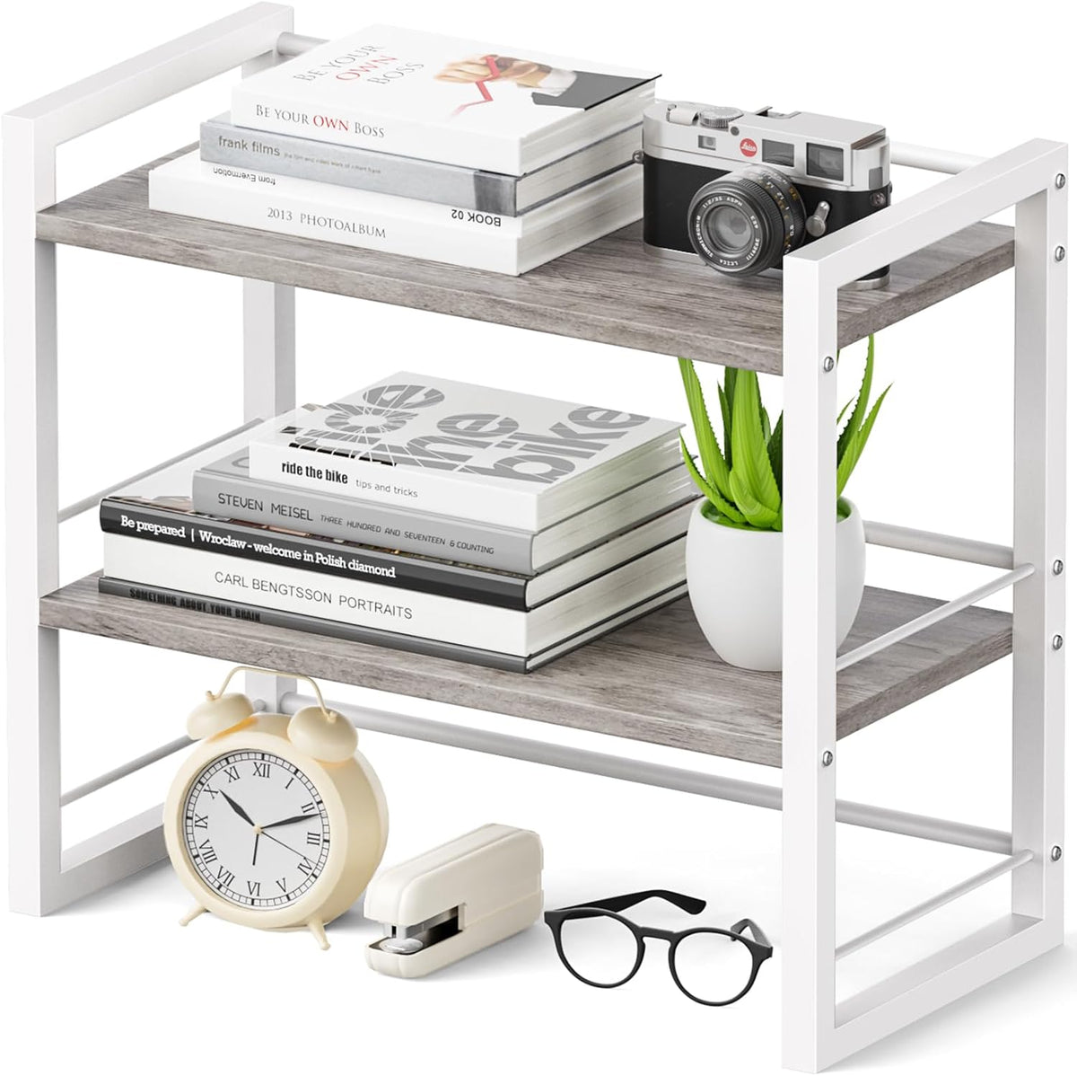 Office Desk Shelf Organizer, Wood Desktop Bookshelf Supplies Storage Rack, Shelf for Top of Desk and Dresser (Black-2 Tier)