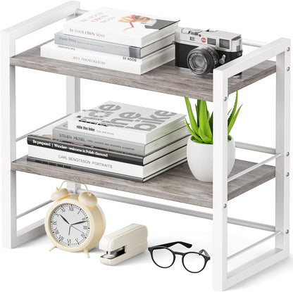 Office Desk Shelf Organizer, Wood Desktop Bookshelf Supplies Storage Rack, Shelf for Top of Desk and Dresser (Black-2 Tier)