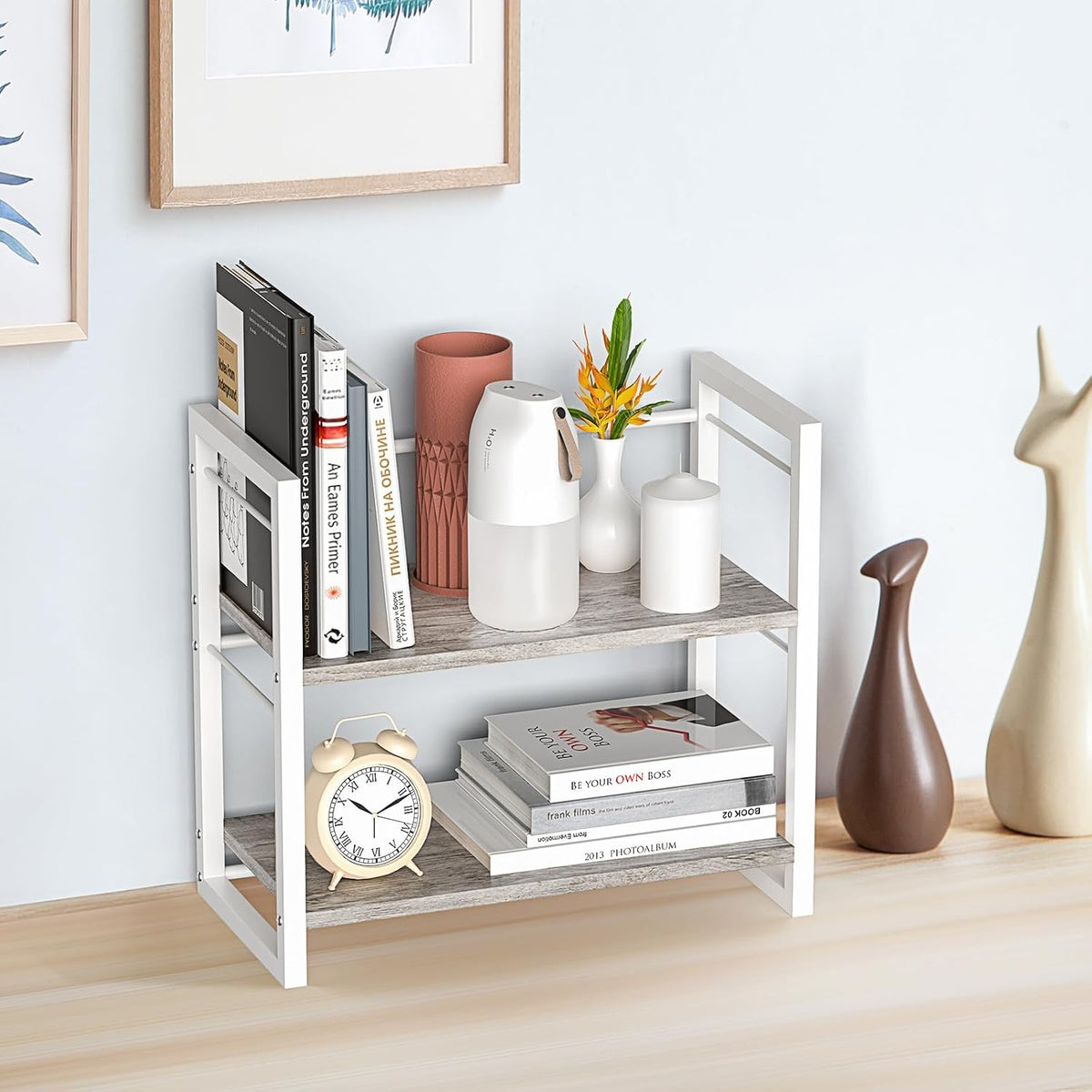 Office Desk Shelf Organizer, Wood Desktop Bookshelf Supplies Storage Rack, Shelf for Top of Desk and Dresser (Black-2 Tier)