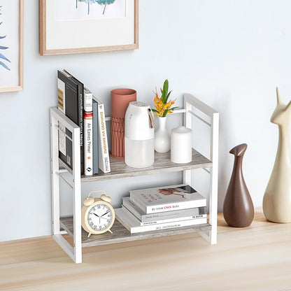 Office Desk Shelf Organizer, Wood Desktop Bookshelf Supplies Storage Rack, Shelf for Top of Desk and Dresser (Black-2 Tier)