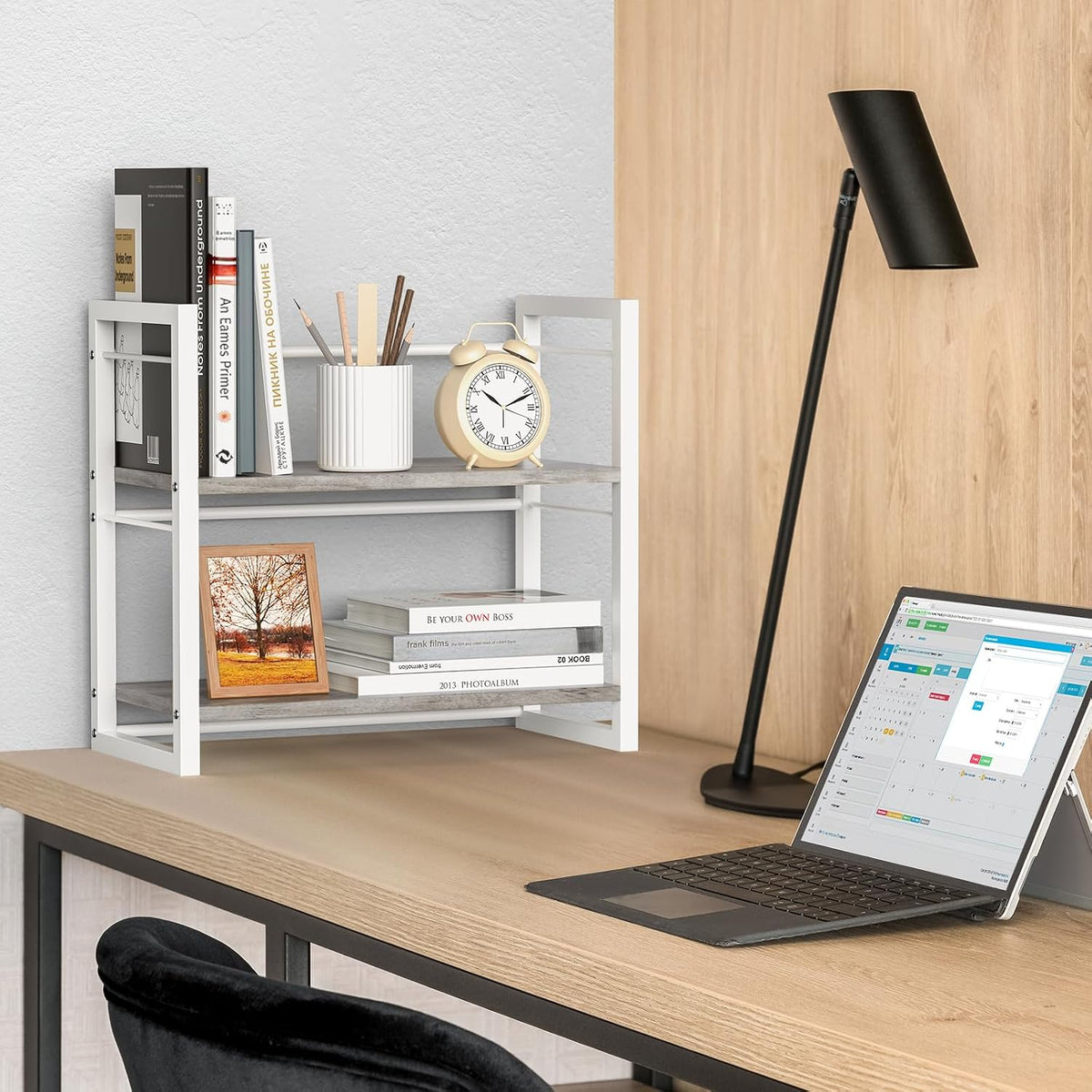 Office Desk Shelf Organizer, Wood Desktop Bookshelf Supplies Storage Rack, Shelf for Top of Desk and Dresser (Black-2 Tier)