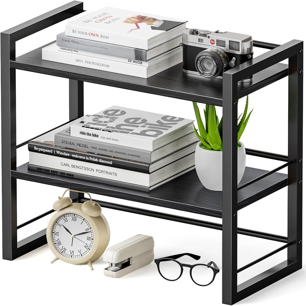 Office Desk Shelf Organizer, Wood Desktop Bookshelf Supplies Storage Rack, Shelf for Top of Desk and Dresser (Black-2 Tier)