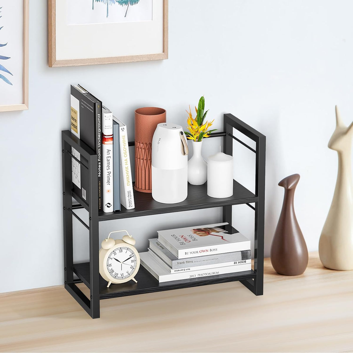 Office Desk Shelf Organizer, Wood Desktop Bookshelf Supplies Storage Rack, Shelf for Top of Desk and Dresser (Black-2 Tier)