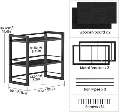 Office Desk Shelf Organizer, Wood Desktop Bookshelf Supplies Storage Rack, Shelf for Top of Desk and Dresser (Black-2 Tier)
