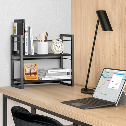 Office Desk Shelf Organizer, Wood Desktop Bookshelf Supplies Storage Rack, Shelf for Top of Desk and Dresser (Black-2 Tier)