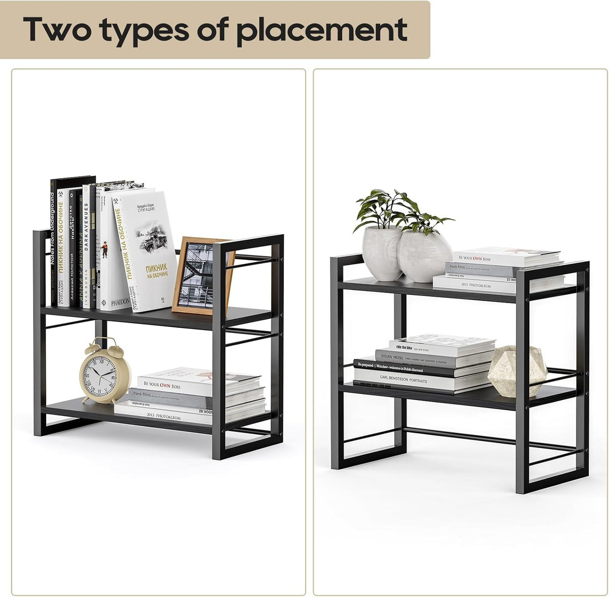 Office Desk Shelf Organizer, Wood Desktop Bookshelf Supplies Storage Rack, Shelf for Top of Desk and Dresser (Black-2 Tier)