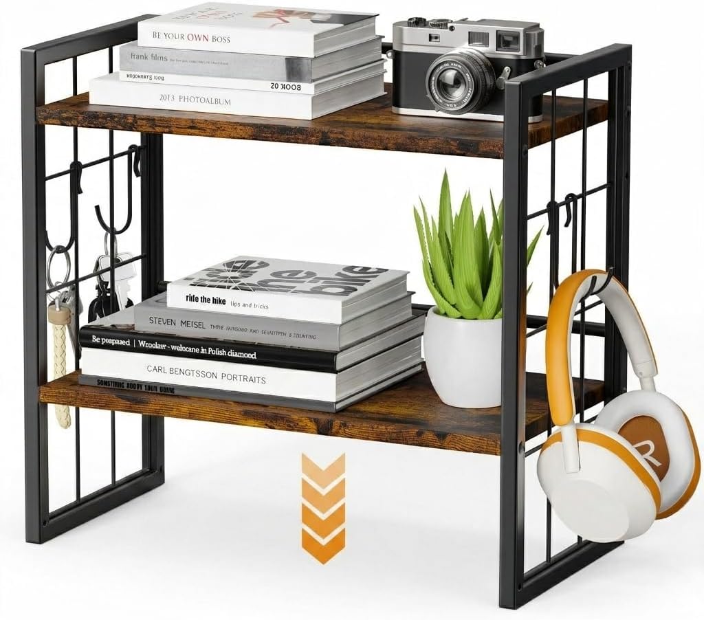 Office Desk Shelf Organizer, Wood Desktop Bookshelf Supplies Storage Rack, Shelf for Top of Desk and Dresser (Black-2 Tier)