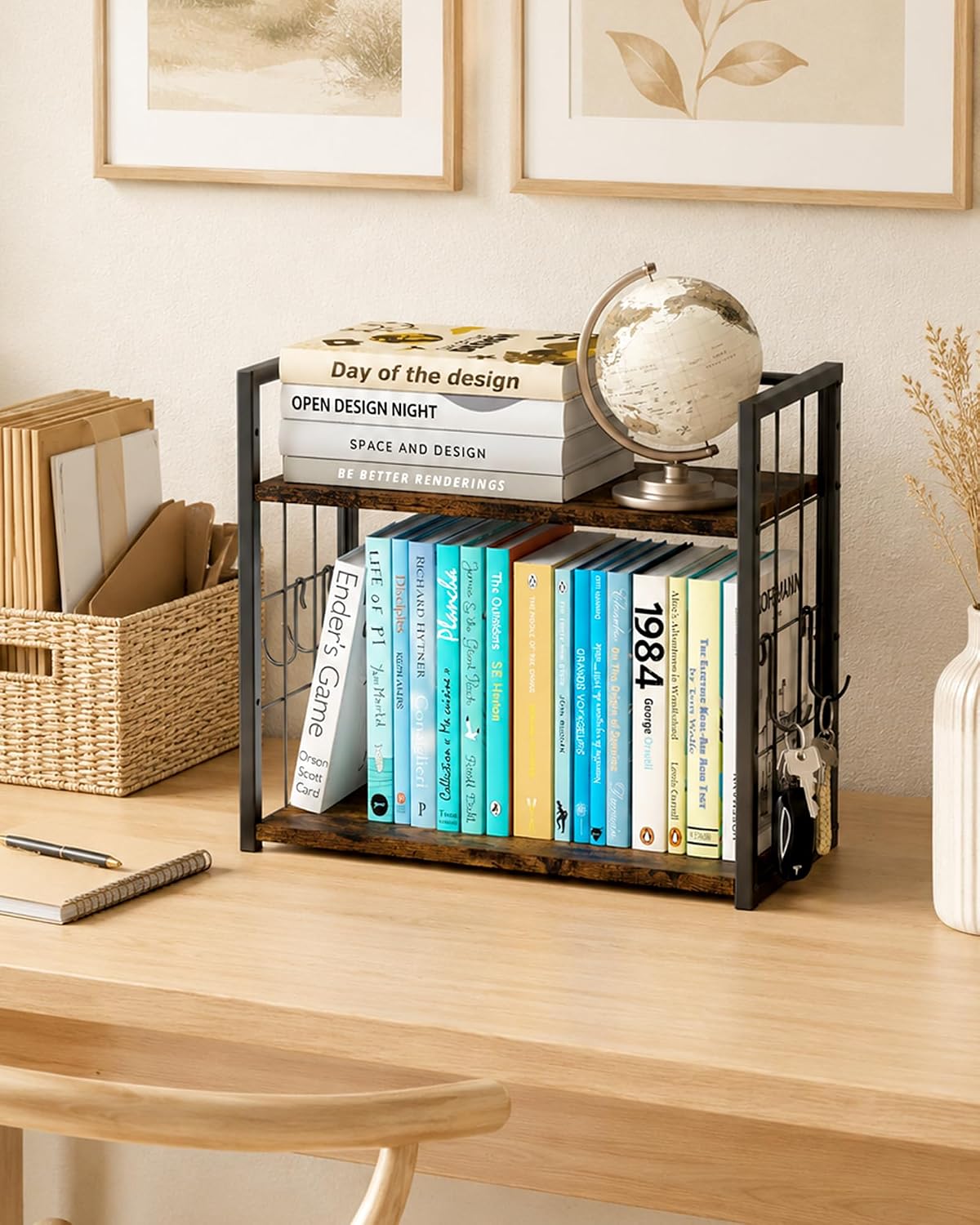 Office Desk Shelf Organizer, Wood Desktop Bookshelf Supplies Storage Rack, Shelf for Top of Desk and Dresser (Black-2 Tier)