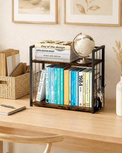 Office Desk Shelf Organizer, Wood Desktop Bookshelf Supplies Storage Rack, Shelf for Top of Desk and Dresser (Black-2 Tier)