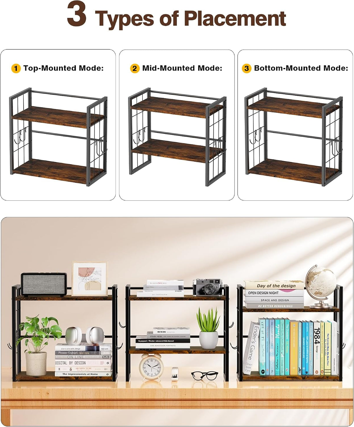 Office Desk Shelf Organizer, Wood Desktop Bookshelf Supplies Storage Rack, Shelf for Top of Desk and Dresser (Black-2 Tier)