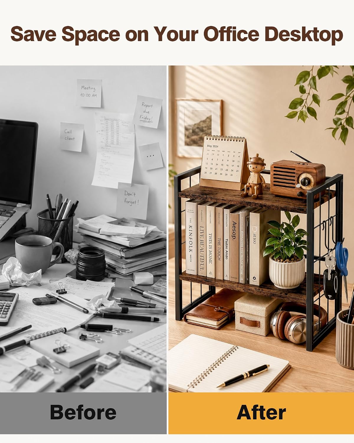 Office Desk Shelf Organizer, Wood Desktop Bookshelf Supplies Storage Rack, Shelf for Top of Desk and Dresser (Black-2 Tier)