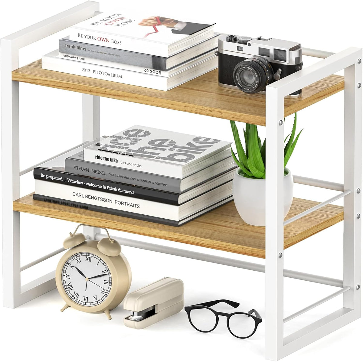 Office Desk Shelf Organizer, Wood Desktop Bookshelf Supplies Storage Rack, Shelf for Top of Desk and Dresser (Black-2 Tier)