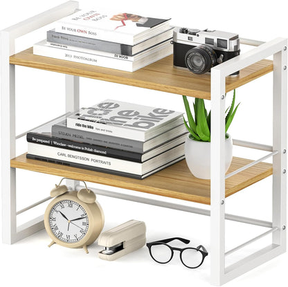 Office Desk Shelf Organizer, Wood Desktop Bookshelf Supplies Storage Rack, Shelf for Top of Desk and Dresser (Black-2 Tier)