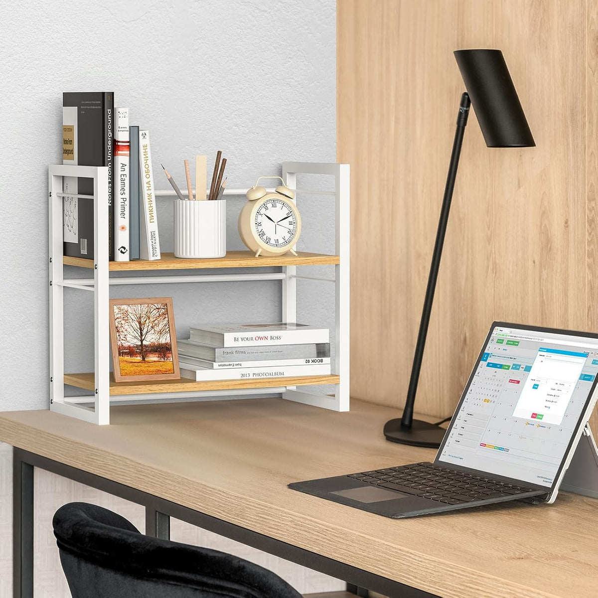 Office Desk Shelf Organizer, Wood Desktop Bookshelf Supplies Storage Rack, Shelf for Top of Desk and Dresser (Black-2 Tier)