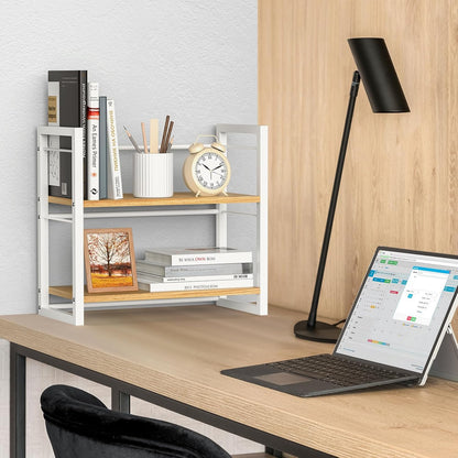Office Desk Shelf Organizer, Wood Desktop Bookshelf Supplies Storage Rack, Shelf for Top of Desk and Dresser (Black-2 Tier)