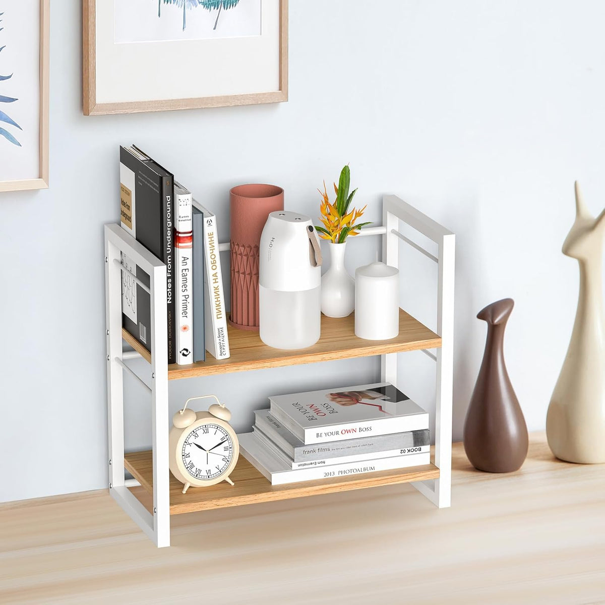 Office Desk Shelf Organizer, Wood Desktop Bookshelf Supplies Storage Rack, Shelf for Top of Desk and Dresser (Black-2 Tier)