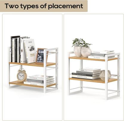 Office Desk Shelf Organizer, Wood Desktop Bookshelf Supplies Storage Rack, Shelf for Top of Desk and Dresser (Black-2 Tier)