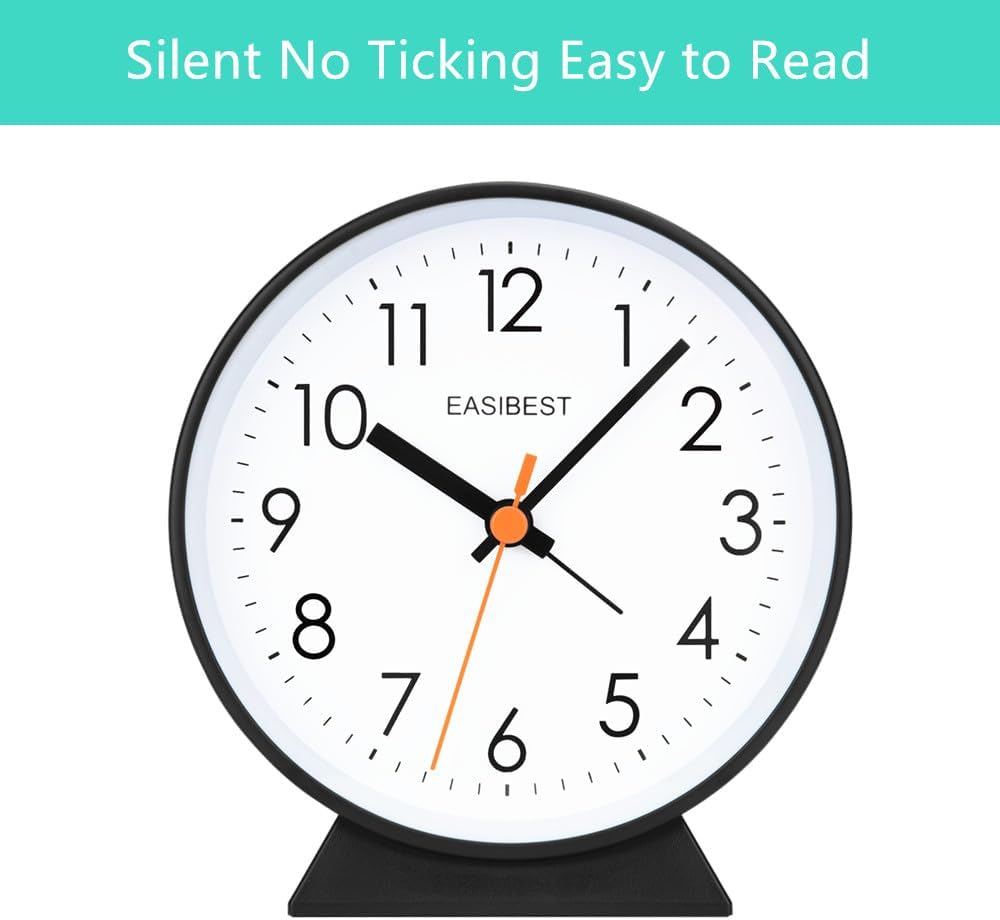 No Ticking Silent Alarm Clock,Easy to Read and Use,Ascending Sound,1 AA Battery Operated,Snooze Light,Bedside Desk Clock,Black