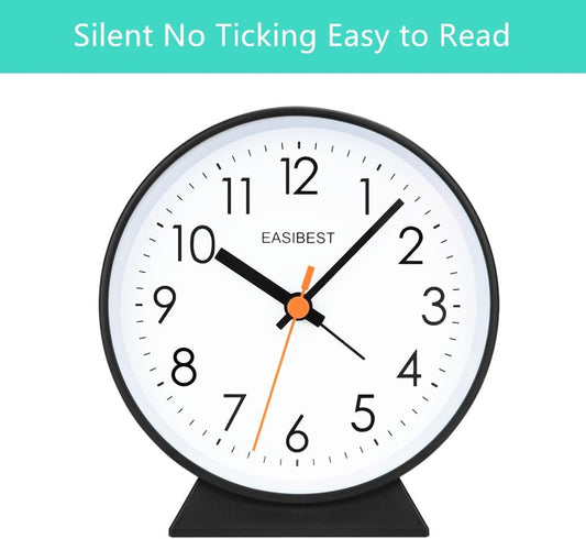 No Ticking Silent Alarm Clock,Easy to Read and Use,Ascending Sound,1 AA Battery Operated,Snooze Light,Bedside Desk Clock,Black