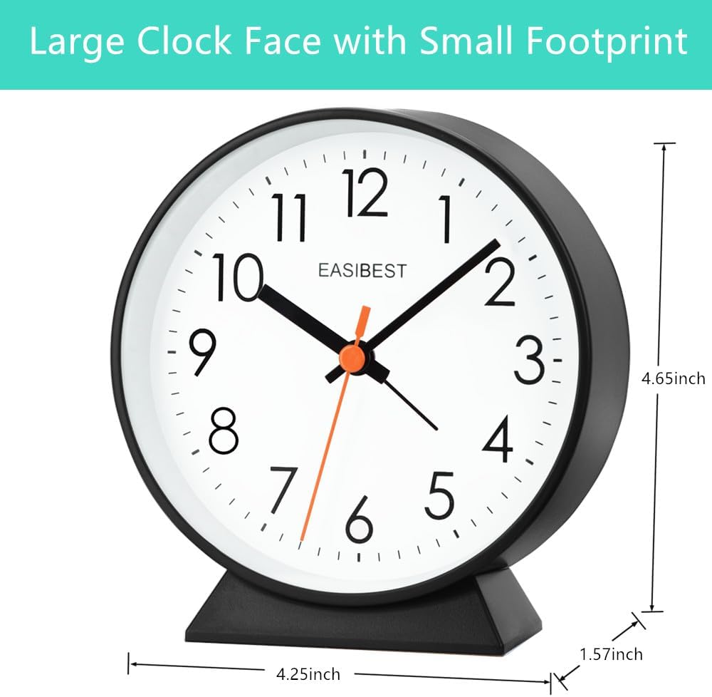 No Ticking Silent Alarm Clock,Easy to Read and Use,Ascending Sound,1 AA Battery Operated,Snooze Light,Bedside Desk Clock,Black