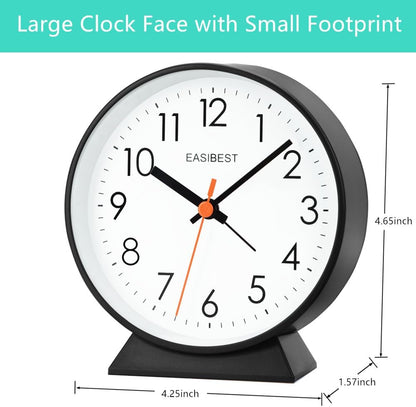 No Ticking Silent Alarm Clock,Easy to Read and Use,Ascending Sound,1 AA Battery Operated,Snooze Light,Bedside Desk Clock,Black