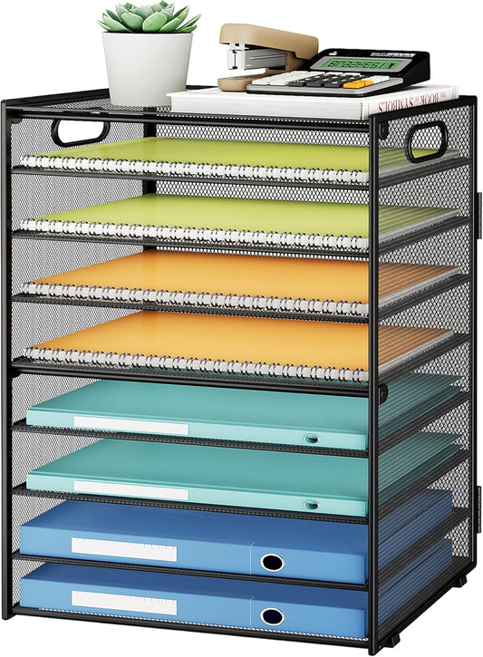 9 Tier Paper Organizer for Desk - Black Metal Mesh Letter Tray File Paper Sorter Organizer Include 6 Pcs Adjustable Height Slid Tray with Handles for Office School Home Organization Storage