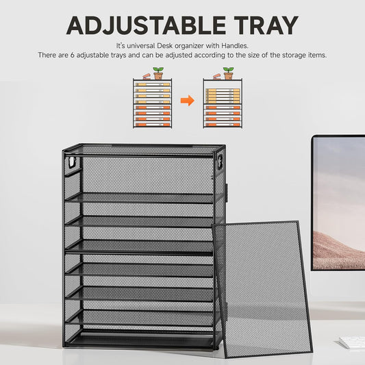 9 Tier Paper Organizer for Desk - Black Metal Mesh Letter Tray File Paper Sorter Organizer Include 6 Pcs Adjustable Height Slid Tray with Handles for Office School Home Organization Storage