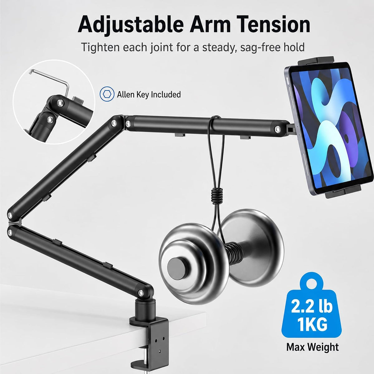 iPad Holder For Desk, Adjustable Tablet Arm iPad Desk Mount with C-Clamp