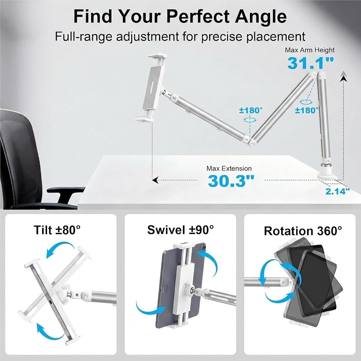 iPad Holder For Desk, Adjustable Tablet Arm iPad Desk Mount with C-Clamp