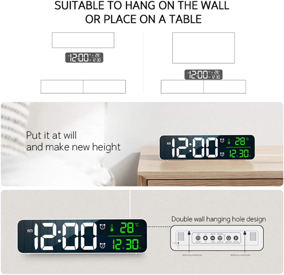 Digital Clock Large Display, Alarm Clock for Living Room Office Bedroom Decor, LED Corded Electric, Date Temp Display Wall Clock, Automatic Brightness Dimmer Smart Cool Modern Desk Accessories Black