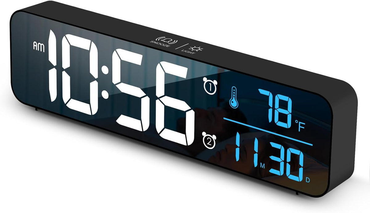 Digital Clock Large Display, Alarm Clock for Living Room Office Bedroom Decor, LED Corded Electric, Date Temp Display Wall Clock, Automatic Brightness Dimmer Smart Cool Modern Desk Accessories Black
