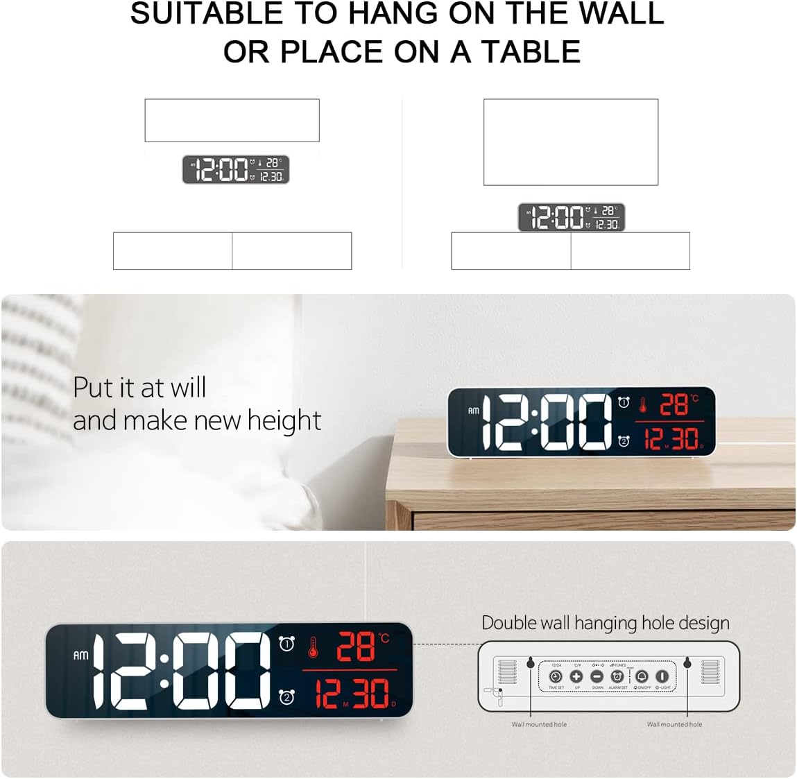 Digital Clock Large Display, Alarm Clock for Living Room Office Bedroom Decor, LED Corded Electric, Date Temp Display Wall Clock, Automatic Brightness Dimmer Smart Cool Modern Desk Accessories Black