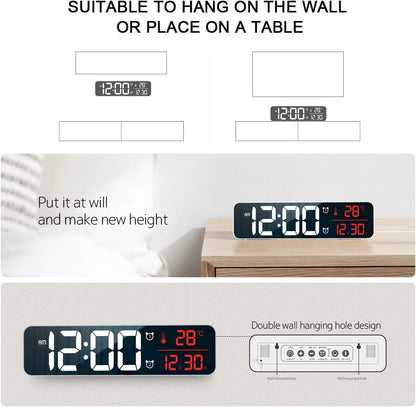 Digital Clock Large Display, Alarm Clock for Living Room Office Bedroom Decor, LED Corded Electric, Date Temp Display Wall Clock, Automatic Brightness Dimmer Smart Cool Modern Desk Accessories Black
