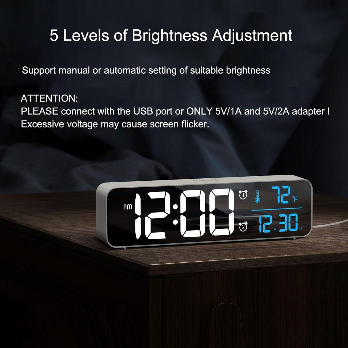 Digital Clock Large Display, Alarm Clock for Living Room Office Bedroom Decor, LED Corded Electric, Date Temp Display Wall Clock, Automatic Brightness Dimmer Smart Cool Modern Desk Accessories Black