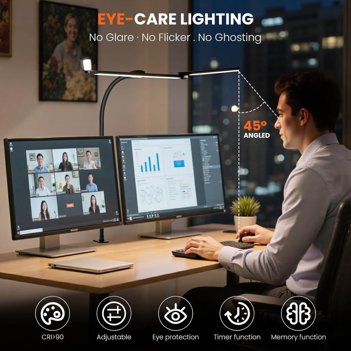 LED Desk Lamp for Office Home, 3 Light Bar Adjustable Desk Light with Clamp