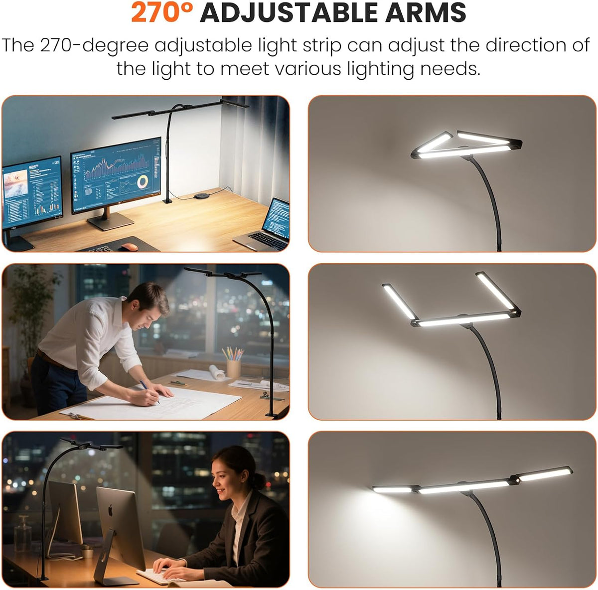 LED Desk Lamp for Office Home, 3 Light Bar Adjustable Desk Light with Clamp