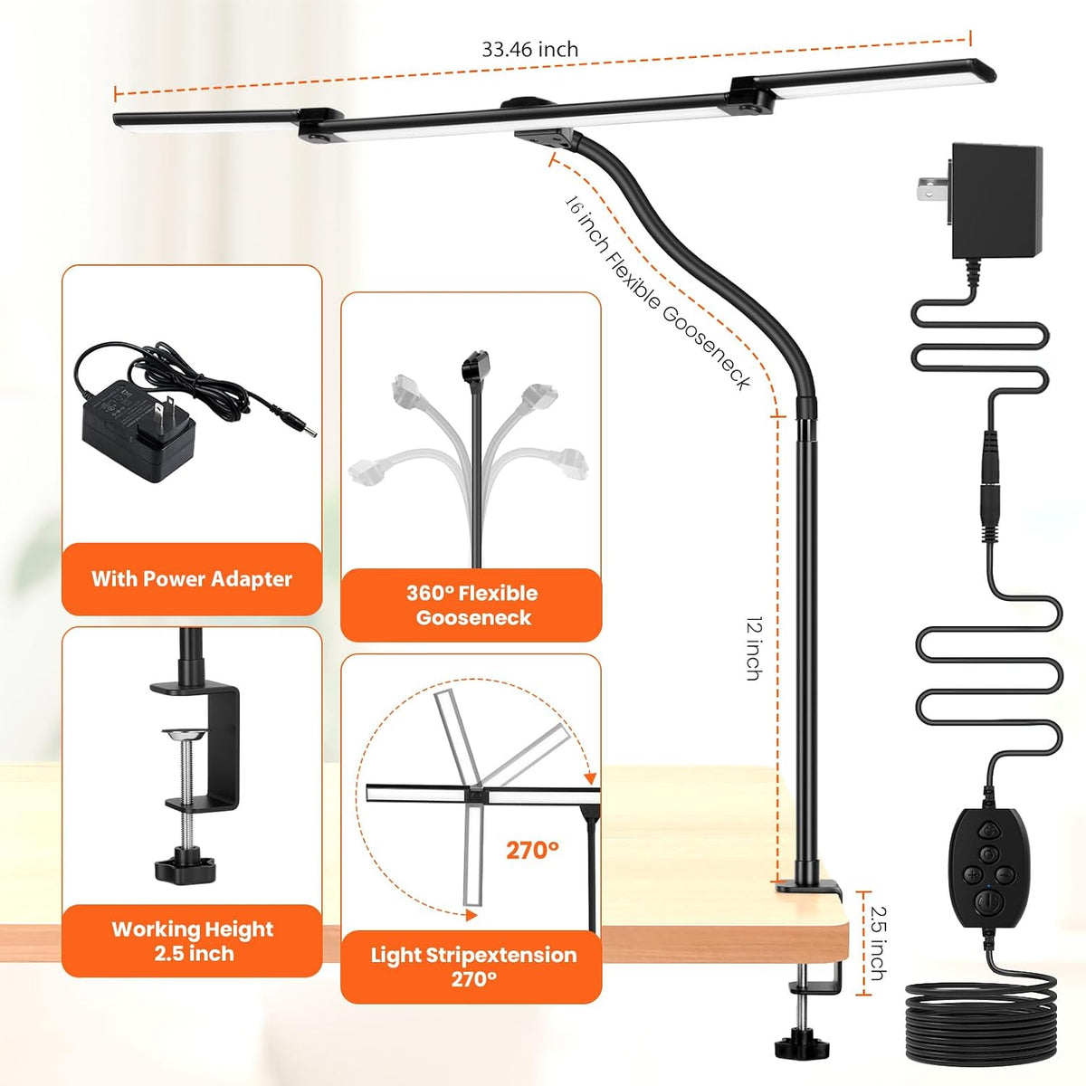 LED Desk Lamp for Office Home, 3 Light Bar Adjustable Desk Light with Clamp