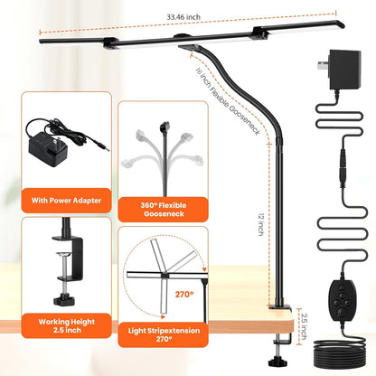 LED Desk Lamp for Office Home, 3 Light Bar Adjustable Desk Light with Clamp