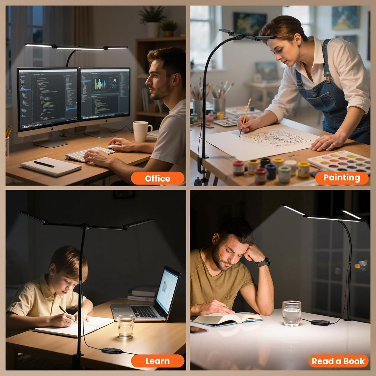 LED Desk Lamp for Office Home, 3 Light Bar Adjustable Desk Light with Clamp