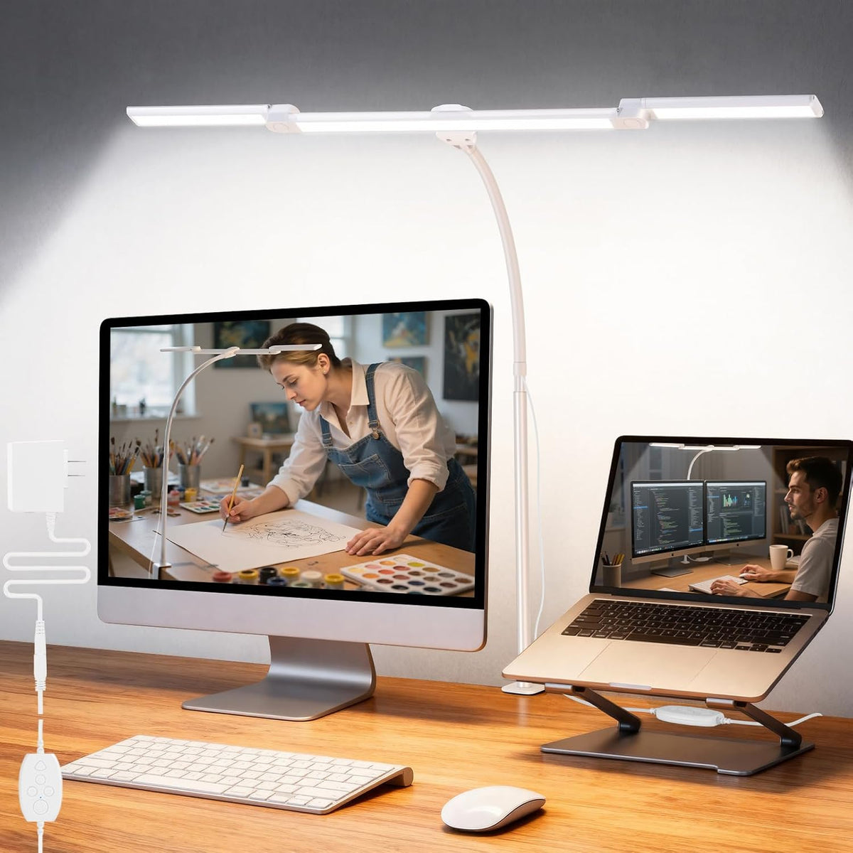 LED Desk Lamp for Office Home, 3 Light Bar Adjustable Desk Light with Clamp