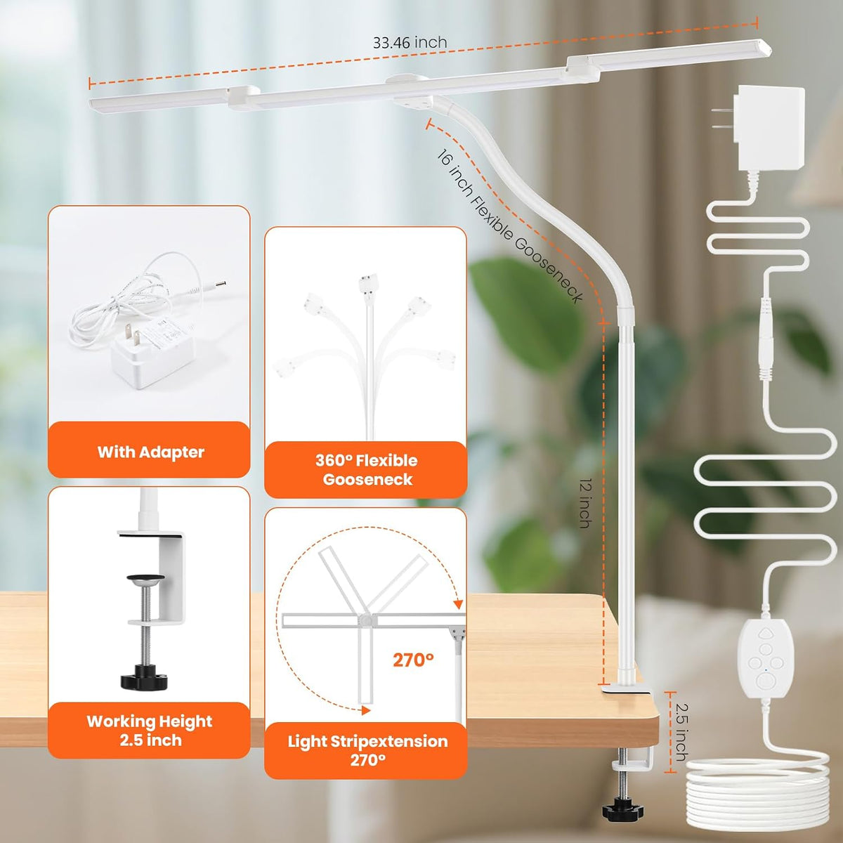 LED Desk Lamp for Office Home, 3 Light Bar Adjustable Desk Light with Clamp