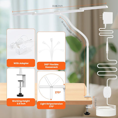 LED Desk Lamp for Office Home, 3 Light Bar Adjustable Desk Light with Clamp