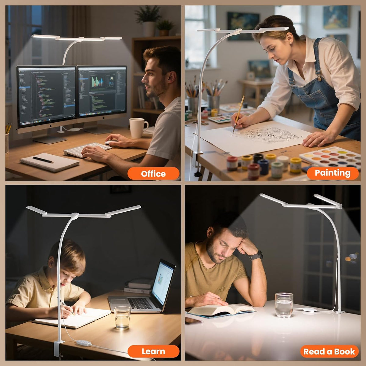 LED Desk Lamp for Office Home, 3 Light Bar Adjustable Desk Light with Clamp
